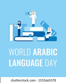 World Arabic language Day, December 18. Arab people studying and reading books on stack of big books. Flat cartoon colorful vector illustration. 