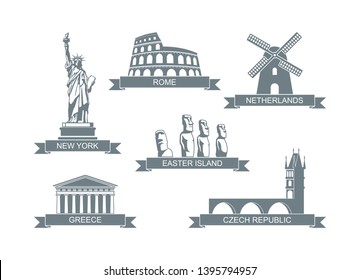 World architectural attractions. Stylized flat icons Charles bridge, The statue of liberty, the Colosseum, the Parthenon, the sculptures of Easter island, Dutch windmill