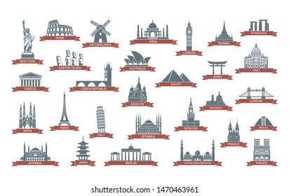 World architectural attractions. Stylized flat icons with ribbons. Vector illustration