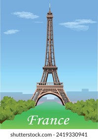 World architecture. Eiffel Tower in Paris. France tourist poster. Vector art illustration