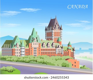 World architecture. Château Frontenac Castle (Quebec). Canada tourist poster. Vector illustration