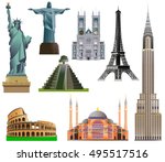 World architecture, monument or landmark icon set. Vector isolated on white illustration. The Colosseum, Statue of Liberty, The Eiffel Tower, Aya Sofia Mosque, Westminster Abbey, Maya pyramid.