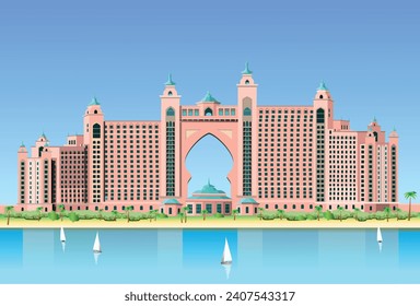 World architecture. Multi-storey building Atlantis The Palm hotel (Dubai). Vector art illustration