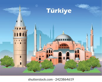 World architecture. Türkiye travel poster. Galata Tower and Hagia Sophia mosque. Vector illustration