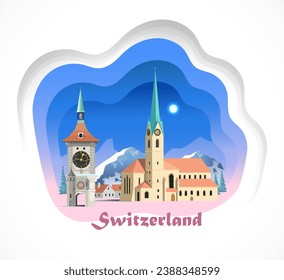 World architecture vector illustration. Switzerland travel poster