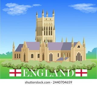 World architecture. Worcester Cathedral. England travel poster vector illustration