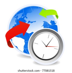 World with arrows representing communication and clock as time