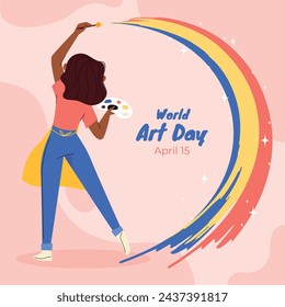 Día Mundial del Arte. Celebración del Día Mundial del Arte. 15 de abril. Plantilla de diseño de ilustración vectorial de dibujos animados para cartel, pancarta, volante, tarjeta, poste, cubierta, competencia, pintura, pintura y pincel.