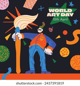 World Art Day background. World Art Day Celebration. April 15. Cartoon Vector illustration design Template for Poster, Banner, Flyer, Card, Post, Cover, competition, Event. painting, paint and brush.