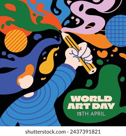 World Art Day background. World Art Day Celebration. April 15. Cartoon Vector illustration design Template for Poster, Banner, Flyer, Card, Post, Cover, competition, Event. painting, paint and brush.