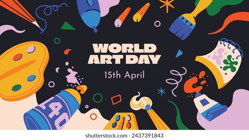 World Art Day background. World Art Day Celebration. April 15. Cartoon Vector illustration design Template for Poster, Banner, Flyer, Card, Post, Cover, competition, Event. painting, paint and brush.