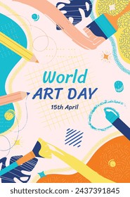 World Art Day background. World Art Day Celebration. April 15. Cartoon Vector illustration design Template for Poster, Banner, Flyer, Card, Post, Cover, competition, Event. painting, paint and brush.