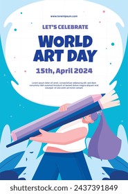 Día Mundial del Arte. Celebración del Día Mundial del Arte. 15 de abril. Plantilla de diseño de ilustración vectorial de dibujos animados para cartel, pancarta, volante, tarjeta, poste, cubierta, competencia, pintura, pintura y pincel.