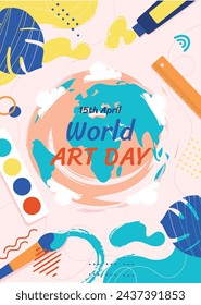 Día Mundial del Arte. Celebración del Día Mundial del Arte. 15 de abril. Plantilla de diseño de ilustración vectorial de dibujos animados para cartel, pancarta, volante, tarjeta, poste, cubierta, competencia, pintura, pintura y pincel.