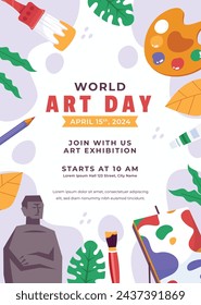 World Art Day background. World Art Day Celebration. April 15. Cartoon Vector illustration design Template for Poster, Banner, Flyer, Card, Post, Cover, competition, Event. painting, paint and brush.
