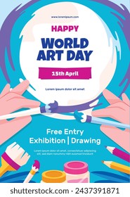 World Art Day background. World Art Day Celebration. April 15. Cartoon Vector illustration design Template for Poster, Banner, Flyer, Card, Post, Cover, competition, Event. painting, paint and brush.