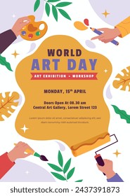 World Art Day background. World Art Day Celebration. April 15. Cartoon Vector illustration design Template for Poster, Banner, Flyer, Card, Post, Cover, competition, Event. painting, paint and brush.