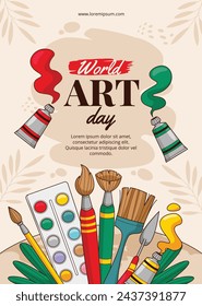 World Art Day background. World Art Day Celebration. April 15. Cartoon Vector illustration design Template for Poster, Banner, Flyer, Card, Post, Cover, competition, Event. painting, paint and brush.