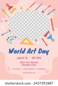 World Art Day background. World Art Day Celebration. April 15. Cartoon Vector illustration design Template for Poster, Banner, Flyer, Card, Post, Cover, competition, Event. painting, paint and brush.