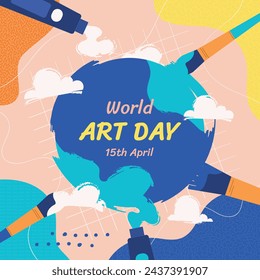 World Art Day background. World Art Day Celebration. April 15. Cartoon Vector illustration design Template for Poster, Banner, Flyer, Card, Post, Cover, competition, Event. painting, paint and brush.