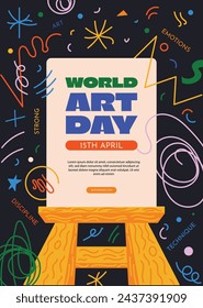 World Art Day background. World Art Day Celebration. April 15. Cartoon Vector illustration design Template for Poster, Banner, Flyer, Card, Post, Cover, competition, Event. painting, paint and brush.