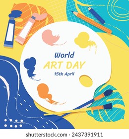 Día Mundial del Arte. Celebración del Día Mundial del Arte. 15 de abril. Plantilla de diseño de ilustración vectorial de dibujos animados para cartel, pancarta, volante, tarjeta, poste, cubierta, competencia, pintura, pintura y pincel.