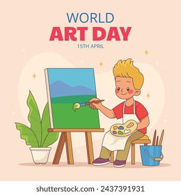 World Art Day background. World Art Day Celebration. April 15. Cartoon Vector illustration design Template for Poster, Banner, Flyer, Card, Post, Cover, competition, Event. painting, paint and brush.