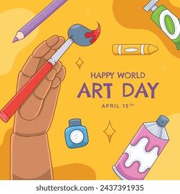 Día Mundial del Arte. Celebración del Día Mundial del Arte. 15 de abril. Plantilla de diseño de ilustración vectorial de dibujos animados para cartel, pancarta, volante, tarjeta, poste, cubierta, competencia, pintura, pintura y pincel.
