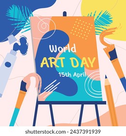 World Art Day background. World Art Day Celebration. April 15. Cartoon Vector illustration design Template for Poster, Banner, Flyer, Card, Post, Cover, competition, Event. painting, paint and brush.