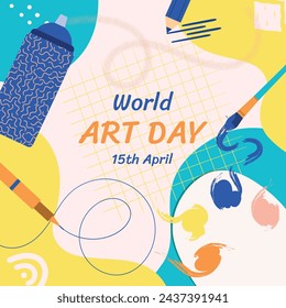 Día Mundial del Arte. Celebración del Día Mundial del Arte. 15 de abril. Plantilla de diseño de ilustración vectorial de dibujos animados para cartel, pancarta, volante, tarjeta, poste, cubierta, competencia, pintura, pintura y pincel.