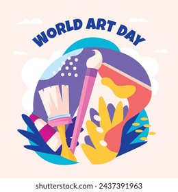 World Art Day background. World Art Day Celebration. April 15. Cartoon Vector illustration design Template for Poster, Banner, Flyer, Card, Post, Cover, competition, Event. painting, paint and brush.