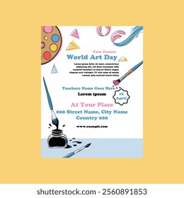 World Art Day background. World Art Day Celebration. April 15. Cartoon Vector Illustration Design Template for Poster, Banner, Flyer, Card, Post, Cover, Competition, Event. painting, paint, and brush.