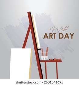 World Art Day background. World Art Day Celebration.  3D Vector illustration design. Painting icon set. Containing paint. Isometric illustration concept. Creative painting on canvas with ink brush. 