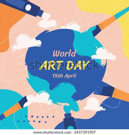 World Art Day background. World Art Day Celebration. April 15. Cartoon Vector illustration design Template for Poster, Banner, Flyer, Card, Post, Cover, competition, Event. painting, paint and brush.