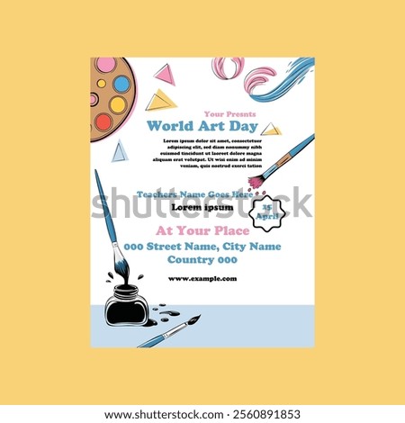 World Art Day background. World Art Day Celebration. April 15. Cartoon Vector Illustration Design Template for Poster, Banner, Flyer, Card, Post, Cover, Competition, Event. painting, paint, and brush.