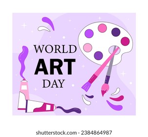 World art day concept. International holiday and festival. Paintbrush and palette with paint. Creativity and art in workshop. Linear flat vector illustration isolated on white background