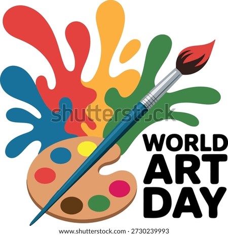 World Art Day Concept with Paint Splashes, Palette, and Brush. Creative World Art Day Banner Design with Colorful Paint Splatter. Artistic Background with Painter’s Palette and Brush for World Art Day. 