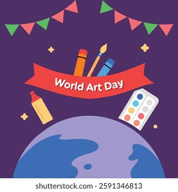 World Art Day Palette with Paintbrush and Colorful Paints.