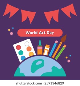 World Art Day Palette with Paintbrush and Colorful Paints.