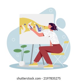 World art day. Poster or banner for international holidays, greeting card design. Young girl draws picture with paints, artist at work. Creative personality, hobby. Cartoon flat vector illustration