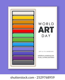 World art day poster. Watercolor and gouache paintings palette. International holiday and festival 15 April. Template and layout. Flat vector illustration isolated on violet background