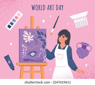 World art day. Young girl with brush near canvas, creative personality and art. Skill development and learning, drawing lesson. Beginning artist in studio concept. Cartoon flat vector illustration