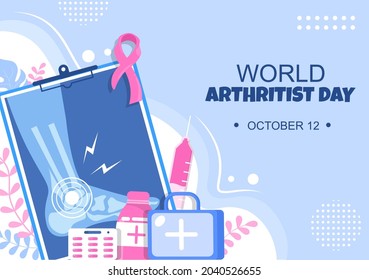 World Arthritis Day Background Which Is Celebrated On October 12. Medical Treat Rheumatism, Osteoarthritis, X Ray Scan And Bone Health For Poster Vector Illustration 