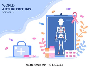 World Arthritis Day Background Which Is Celebrated On October 12. Medical Treat Rheumatism, Osteoarthritis, X Ray Scan And Bone Health For Poster Vector Illustration 