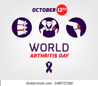 World arthritis day landscape poster. Osteoarthritis template medical design. Bones injury. Rheumatism concept. Broken bone design. Editable vector illustration with icons isolated on light background