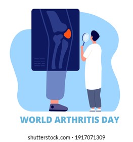 World arthritis day. Medicine concept, defense joint, health and care. Osteoarthritis, doctor examine leg knee bone on x-ray utter vector background