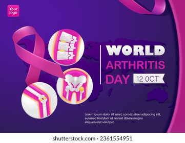 World Arthritis Day. Ribbon elements, knee joint, spine and thigh joint. Rheumatism, osteoarthritis, 3d vector. Suitable for health and events 