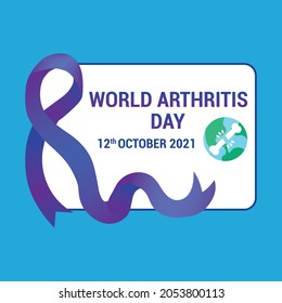 World Arthritis Day Vector Badge with Earth and Broken Bone Icon and Blue and Purple Ribbon. World Arthritis Day 12 October 2021 Vector Illustration Background with Earth and Bone icon and Ribbon. 