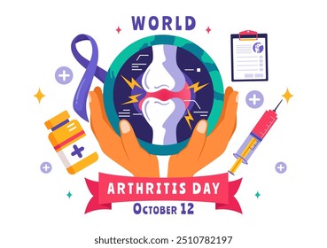 Ilustración vectorial del Día Mundial de la Artritis para el 12 de octubre, que incluye tratamiento médico para el reumatismo y la osteoartritis, con una radiografía y un hueso