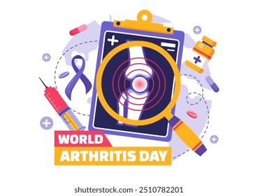 Ilustração vetorial do Dia Mundial da Artrite para 12 de outubro, apresentando Tratamento Médico para Reumatismo e Osteoartrite, com um Exame de Raios X e Osso